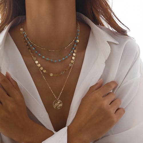 Boho Layered Gold Turquoise Necklace for Women Multi Strand Western Beach Jewelry Stackable Chain with Toggle Clasp Disc Pendant Trendy Fashion Jewelry - color: Gold-2