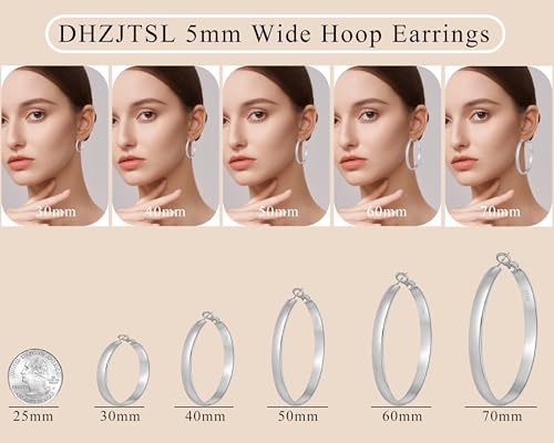 5mm Wide Gold Hoop Earrings for Women, 14K Gold Plated Big Chunky Hoop Earrings with S925 Sterling Silver Post, Hypoallergenic Lightweight Earrings Jewelry for Women 30/40/50/60/70mm - color: Silver-50mm