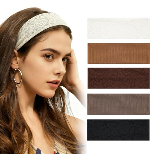 Aranya Elegant Floral Lace Headbands for Women 5pcs – Decorative Soft Stretchy Fabric Hair Accessories for Weddings, Parties & Romantic Styling (Lace Collection) - color: Elegant Floral Lace - 5 Pack
