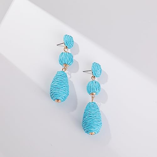 Boho Raffia Earrings Statement Dangle Earrings Cute Teardrop Ball Earrings Colorful Summer Jewelry Handmade Rattan Earrings for Women - color: Blue