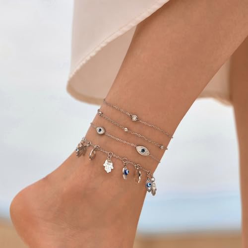 LOFITOR Ankle Bracelets for Women Glitter Waterproof Adjustable Anklet Set for Women 18K Gold Plated Silver Charm Dainty Layered Anklets, Summer Beach Anklet Jewelry for Women - style: Evil-eye Gold