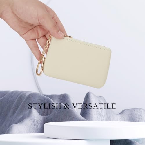 Full Grain Leather Coin Purse with Key Chain - Small Change Purse Keychain Card Holder Keychain Pouch Small Keychain Wallet for Women and Men (Creamy-white), LA-2312 - color: Creamy-white, Regular Size