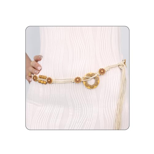 Women Braided Waist Belt Boho Woven Belt with Wooden Beads and Ring Clasp Vintage Long Tassel Rope Tie Belt for Dress - color: Beige 1