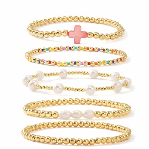 Gold Beaded Cross Bracelet for Women, 14K Plated Adjustable Stackable Dainty Bracelets, Non Tarnish Fashion Jewelry Set Gifts for Women Birthday Friendship - color: Colors-3