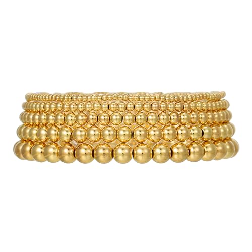 Gold Bracelets for Women 14K Gold Plated Beaded Non Tarnish Bracelets Stretch Bead Ball Bracelet Stack Set Jewelry for Gifts - color: A SET 5PC