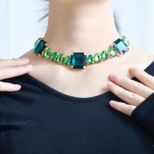 Fashionable Chunky Plated Tennis Rhinestone Statement Necklace Jewelry Set for Women Multicolor gem necklace with Great Sparkle and Shine Design for Women to Easy Match - color: emerald big rhinestone