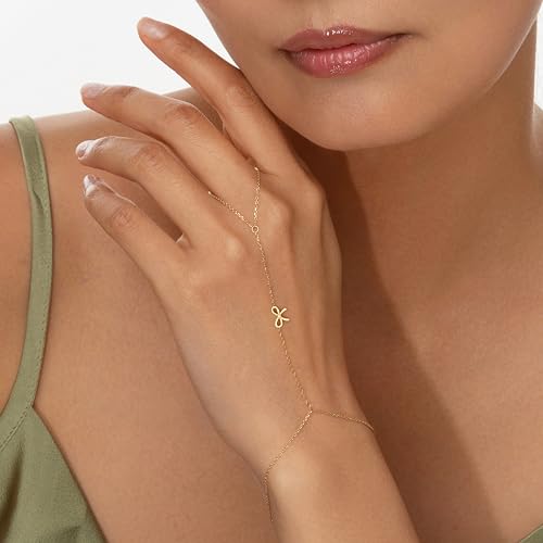 Gokeey Gold Hand Chain Bracelet for Women Trendy, Dainty 14k Gold Plated Ring Bracelet Hand Chain Finger Ring Slave Cuff Bracelet Cubic Zircon Hand Jewelry for Women Accessories - style: cute Bow hand chain