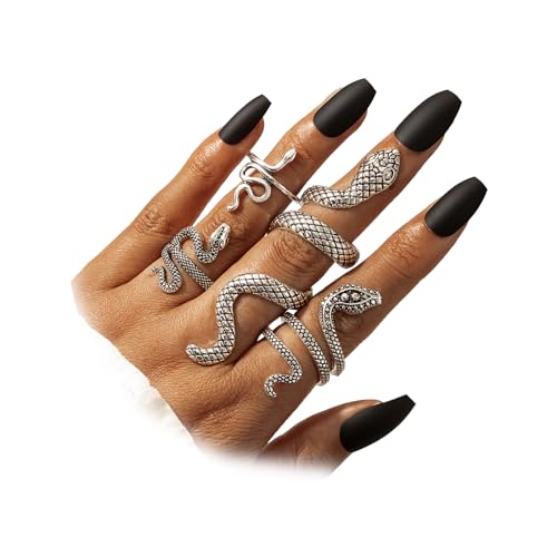 4Pcs Vintage Snake Knuckle Rings for Women,Retro Cool Snake Rings Boho Stackable Midi Cuff Rings Adjustable Animal Ring Set Fashion