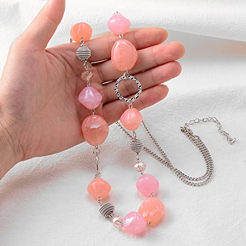 BULINLIN Beaded Long Necklace for Women Silver Sweater Chain Necklace with Crystal Resin Beads, Fashion Jewelry Necklace - color: 53-Dark light pink