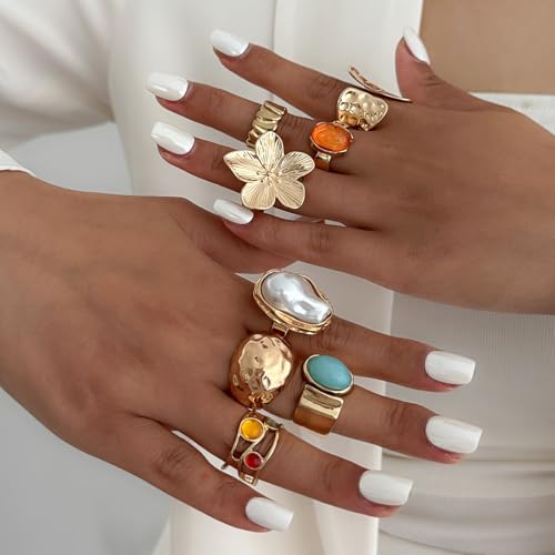 Gold Rings for Women Non Tarnish Stackable Rhinestone Moon Star Rings Dainty Stacking Pearl Butterfly Midi Pinky Thumb Joint Finger Knuckle Ring Set Gold Non Tarnish Jewelry Gifts Trendy Stuff - color: T Chunky Gold Rings 8Pcs