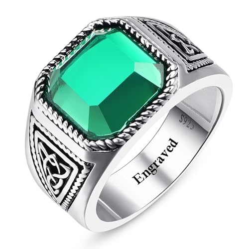 7ct Vintage Teal Turquoise|Emerald|Black Onyx Ring for Men 925 Sterling Silver Men Rings 11mm Square-Cut Mens Cocktail Rings Celtic Pattern Band for Dad Father Size 7-12 - color: Y-Customizable Name-Irish Celtic Knot-Simulated Emerald