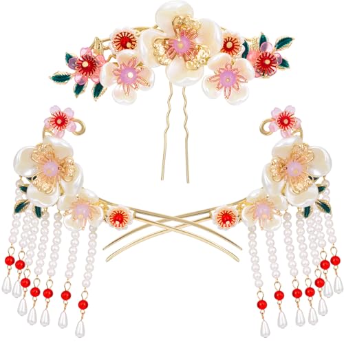 HINZIC Camellia Flower Tassels Hairpin Set for Women, Non-Slip Rhinestone Pearl Clover Hair Clips Headpiece, Retro Chinese Hanfu Wedding Brides Hair Accessories for Long Hair - color: White