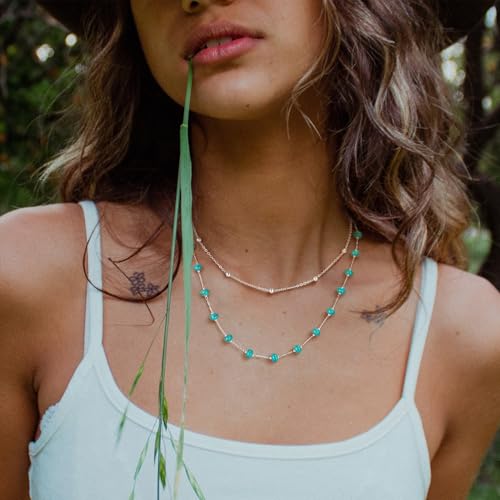 Created Turquoise Necklace for Women 14K Gold Plated Beaded Heart Choker Boho Necklaces Handmade Beach Summer Everyday Western Jewelry Gifts - color: Silver Chain, style: Bead
