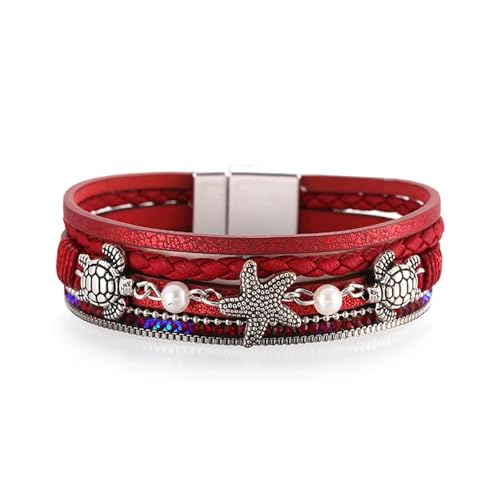 Long tiantian Boho Leather Wrap Bracelets Western Bracelets for Women Stackable Starfish Crystal Pearl Turquoise Leather Bracelet With Clasp Jewelry Gifts Boho Dresses - color: B2:RED Bracelet