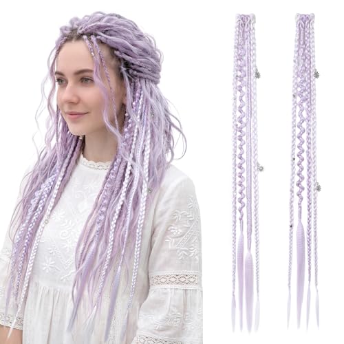 REECHO Clip in Braids for Women, 20" Boho Dreadlock Clip in Braids with Beads & Charms, 2PCS Synthetic Braided Hairpieces for Music Festival Season Cosplay Daily, Light Purple - color: Light Purple, size: 20 Inch