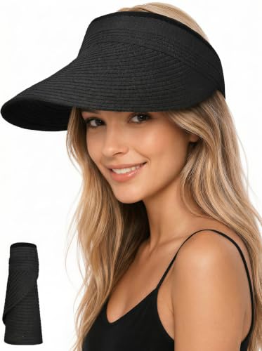 Senker Fashion Sun Hats Visor for Women, Straw Beach Hat Adjustable Wide Brim Ponytail Packable for Summer Travel UPF 50+ - color: Black