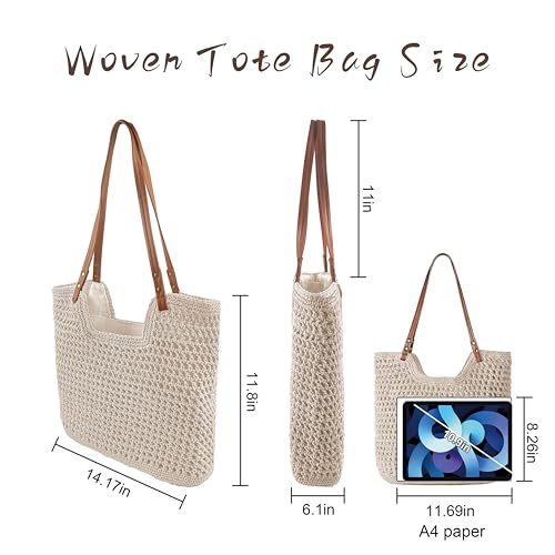 Crochet Beach Bag, Woven Tote Bag, Boho Bags for Women,Summer Purse with Zipper & Pocket - color: Beige