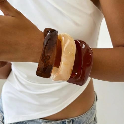 FAXHION Chunky Resin Acrylic Bangle Bracelets for Women, Colorful Wide Geometric Bangles Set, Statement Stackable Bracelet Jewelry Gift - color: Brown