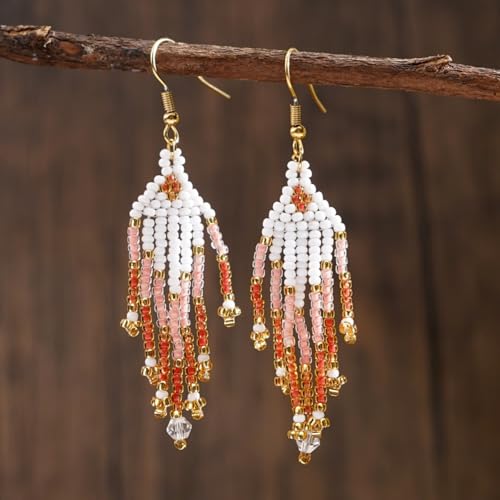 Bohemian Beaded Long Tassel Dangle Earrings for Women, Handmade Jewelry White Tarnish Resistant Lightweight Design, Stylish Accessory for Beach Vacation Party and Gift - color: Pink
