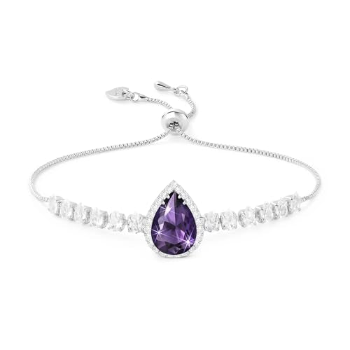 Linawe Crystal Imitation Diamond Rhinestone Charm Bracelets for Women, Gold/Silver/Rose Gold Adjustable Chain Bracelet, Teardrop Birthstone Cubic Zirconia Prom Costume Wedding Jewelry - color: Silver,Feb