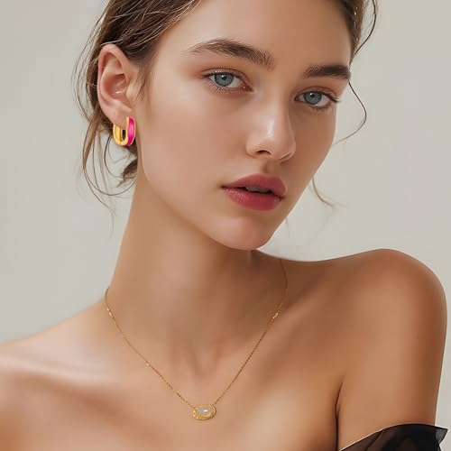 Chunky Hoop Earrings for Women Thick Minimalist Geometric Huggie Hoop Earrings Dainty Thick Y2K Preppy Earrings - style: Square-hot pink
