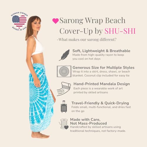 SHU-SHI Sarong Wraps for Women Long Beach Cover ups Pareo Bathing Suit Wrap Skirt Mandala Sarongs Coverup - color: Turquoise/White