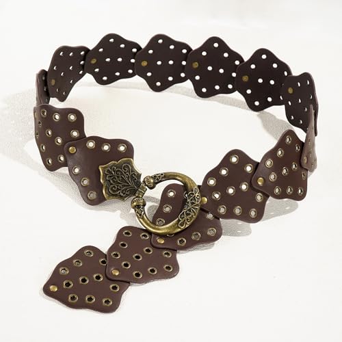 Wide Disc Belt for Women Vintage Leather Hollow Out Round Belt Western Waist Belt - color: Leaf Brown, size: L (53.1 in)