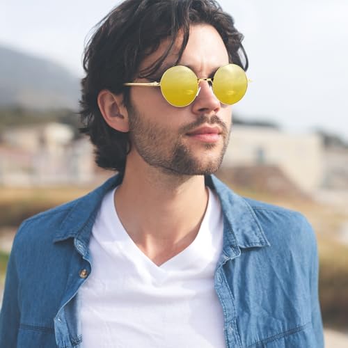 NACHLYNN Round Hippie Sunglasses Metal Border Circle Hippie Glasses UV380 Protection 70s Sunglasses for Men Women Party Favor - color: Yellow