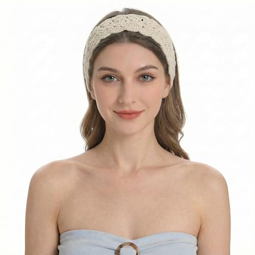 ZLYC Women Floral Headband Handmade Crochet Knit Vintage Hair Bands (Plain Ivory White) - color: Plain Ivory White