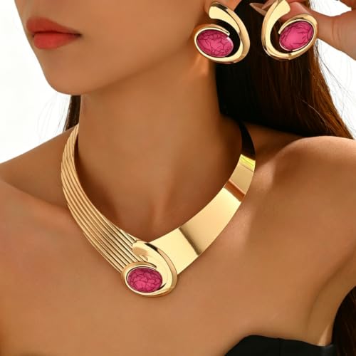 Gold Jewelry Set Chunky Gold Necklace Earring Set for Women Boho Oval Acrylic Earring Necklace Western Adjustable Choker Necklaces Bohemian Jewelry Set For Women - color: RoseRed