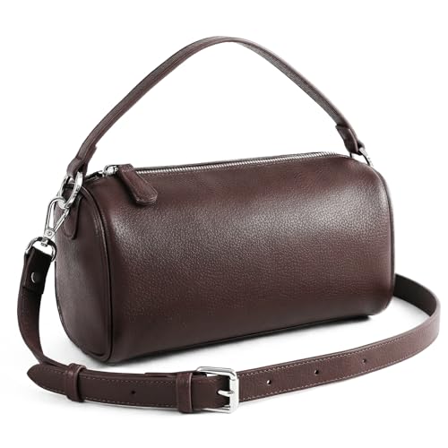 Prite Crossbody Bag for Women Vegan Leather Minimalist Cylinder Shoulder Bag with Adjustable Strap Soft Barrel Purse - color: Coffee