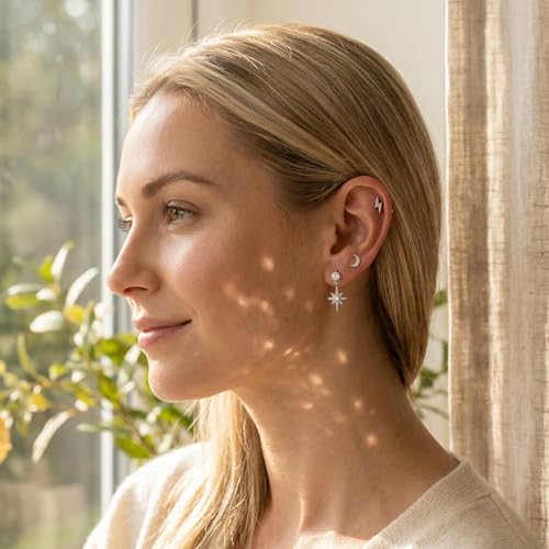 6 Pcs/6 Pairs Hypoallergenic 925 Sterling Silver Stud Post 14K Gold Earrings for Women Moon Star Hoop Stackable Cubic Zirconia Chain Dangle Earring Set Stacks for Multiple Piercings - color: Silver Moon Star