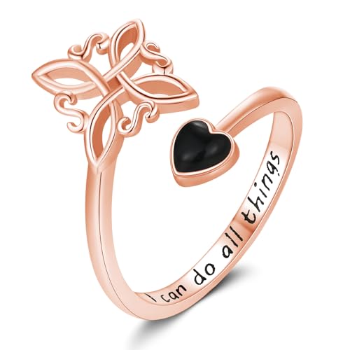 Witches Knot Ring 925 Sterling Silver Adjustable Black Onyx/Turquoise Gravel/Moss Agate/Turquoise/Moonstone Witch Ring Celtic Knot Amulet Wiccan Pagan Protection Jewelry Gifts for Women - style: Black Onyx Rose Gold