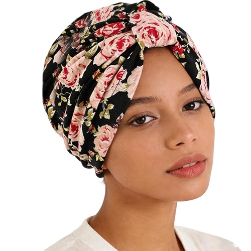 Women's Turban Head Wrap Cancer Chemo Beanies Cap Headwear Cap Bonnet Hair Loss Hat for Sleeping - color: Flower-black