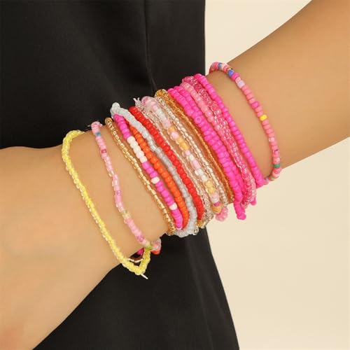 Fuqimanman2020 18Pcs Boho Stackable Beaded Bracelets for Women Colorful Handmade Multilayered Rice Beads Anklets Set Summer Beach Bohemian Jewelry Gift - color: Style 1 Pink B