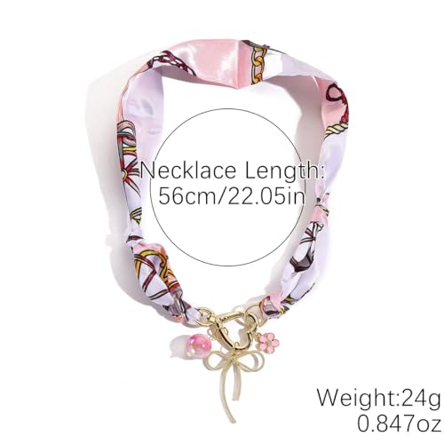 Scarf Long Fabric Colorful Silk Scarves Multi Pendant Necklace For Women Statement Boho Choker Twisted Ribbon Band Pearl Accent Heart Maple Leaf Bee Daisy Dragonfly Star Green Gem Charms - color: Pink Bow