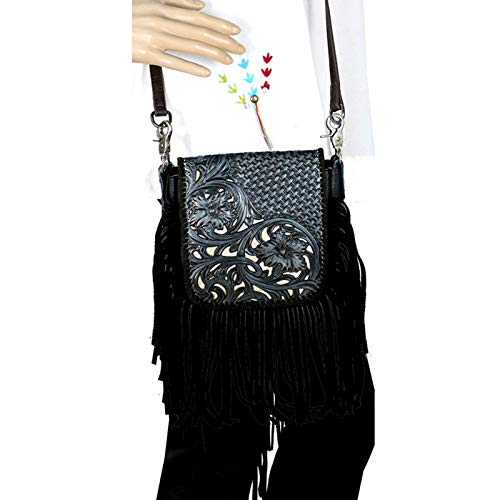 Western Genuine Leather Floral Tooled Fringe Womens Crossbody Bag 3 Color - color: Black/Turq