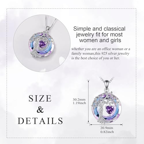 POPLYKE Mothers Day Gifts for Mom Her Wife Tree of Life Necklace 925 Sterling Silver Birthstone Pendant with Crystal Anniversary Birthday Wedding Jewelry for Women - color: 02-Feb-Amethyst, style: White Gold Plated-Amethyst Crystal