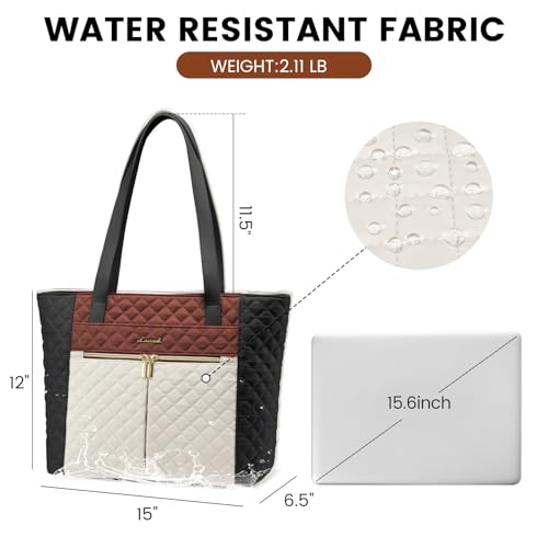 LOVEVOOK Laptop Bag for Women 15.6 inch,Diamond Quilted Work Tote Bags Womens Computer Shoulder Bags,Stylish Travel Tote Bags Laptop Purse Briefcase Handbag with Clutch Purse,Brown-Black-White - color: Brown-black-white Apricot(quilted), size: 15.6 Inch