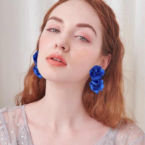 Oversized Fabric Flower Earrings for Women Statement Boho Chic Dangle Drop Earrings for Parties Weddings or Everyday Wear - color: Royal Blue