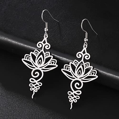TEAMER Stainless Steel Lotus Flower Dangle Earrings Bohemian Drop Earring Unique Geometric Jewelry for Women - color: Lotus 2-Steel Color