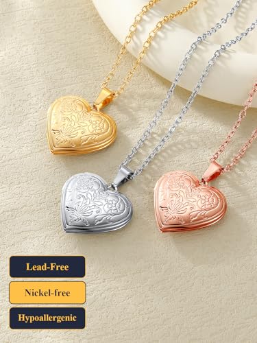 U7 Women Locket Necklace Platinum 14K Gold Photo Lockets that Hold Picture,Chain 20 Inch Personalized Gift Custom Love Heart Image Necklaces - color: 02# Rose Gold*Flower Grain