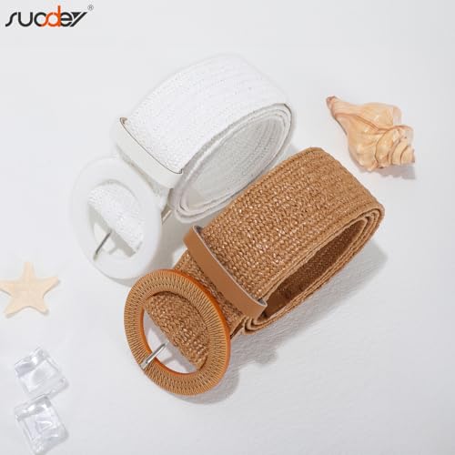 SUOSDEY 2 Pack Straw Woven Elastic Belt Braided Stretch Wide Boho Rattan Waist Belt for Women Dresses - color: 05-brown+white, size: Fit Waist up to 45''