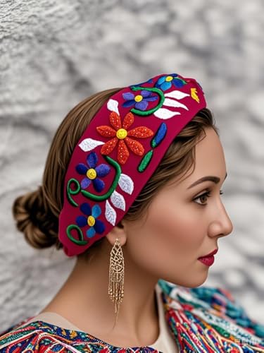 FANFAN Fuchsia Mexican Floral Embroidered Headband - Twist Knotted Criss Cross Elastic Stretchable Hair Band for Wedding, Festival & Daily Use Christmas Gift E9 (Fuchsia, Free Size) - color: Fuchsia