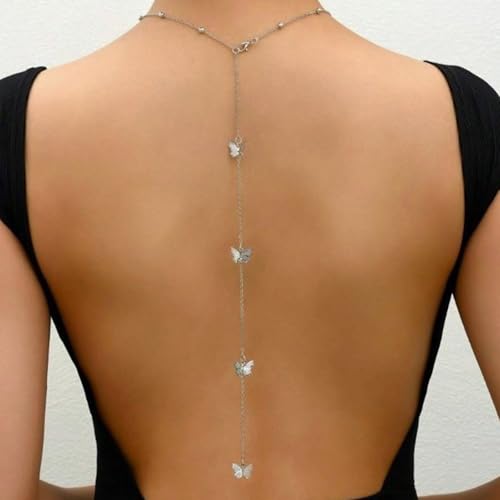 Vintage Butterfly Back Chain Necklace Gold Butterfly Backdrop Necklace Body Chain Wedding Bridal Necklaces Long Y Lariat Necklaces Summer Beach Backless Dress Jewelry for Women - color: Silver