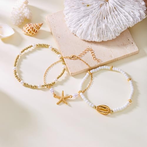 3PCS Boho Anklets for Women Summer Beach Women's Ankle Bracelets Beaded Anklet Bracelet Waterproof Beach Anklets Shell Starfish Anklet Foot Chain Jewelry for Women - color: 3PCS/style 20