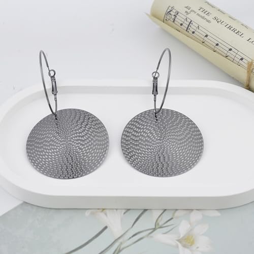 Boho Large Hoop Earrings for Women Oversized Chunky Coin Dangle Earring Hammered Big Disc Loop Earrings Trendy Party Jewelry Accessories Gifts - color: Silver