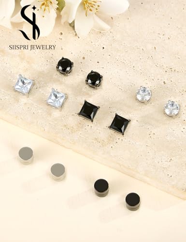 SIISPRI Magnetic Stud Earrings for Women Men Clip on Stud Earring Hypoallergenic Fake Earring Unisex Non Piercing CZ Halo Studs Diamond Earrings,Men's Aretes de lman - color: Black-Silver