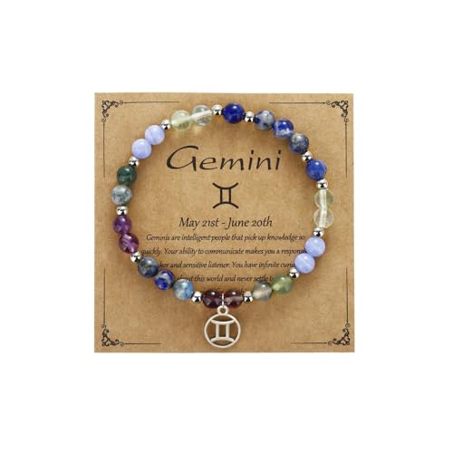 Zodiac Natural Stone Bracelet – Handmade Crystal Healing Bracelet with Zodiac Charm – Adjustable Beaded Jewelry Gift for Women Men Girls - color: Gemini