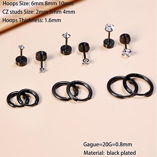 Dainty 6 Pairs Surgical Steel Earrings Sets for Multiple Piercing, Lightweight 14K Gold Plated Small Huggie Hoop Earrings, Flat Back Tiny Ball CZ Stud Earrings for Cartilage, Helix, Lobe, Hypoallergenic - style: Black - Huggie Hoops and CZ Studs